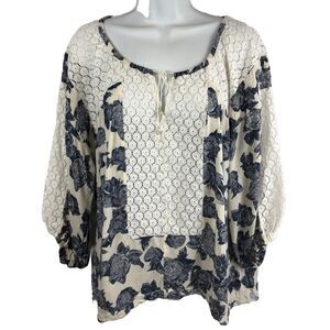 Free People Size Small Off White Blue Flowers Top Blouse Boho Lace Trim